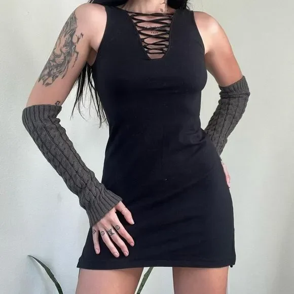 Tripp nyc | Dresses | Rare Vtg Little Black Tripp Nyc Cotton Lace Up Mini  Dress | Poshmark